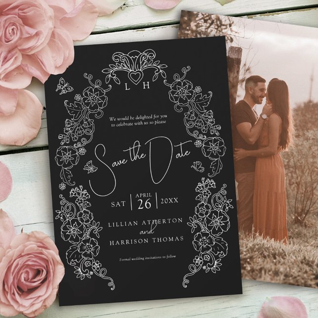 Reserve A Data Primavera Fleur de lis art, casamento branco preto (Criador carregado)