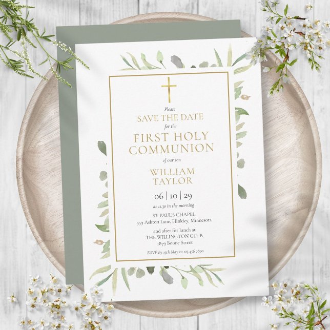 Reserve A Data Primeira Comunhão Elegante Verde (First Holy Communion Elegant Greenery Save The Date)