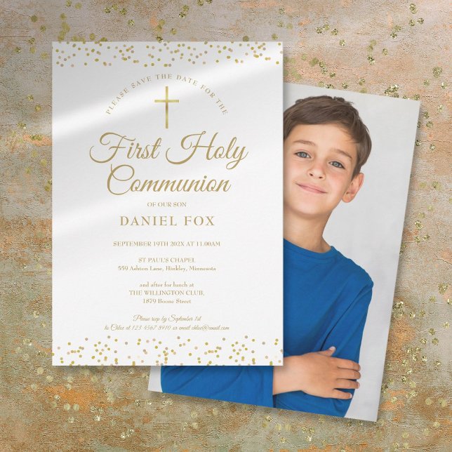 Reserve A Data Primeira Comunhão em Pó Dourado Foto Save The Date (First Holy Communion Gold Dust Photo Save The Date)