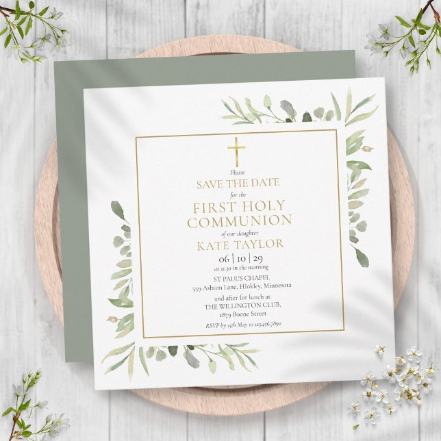 Reserve A Data Primeira Comunhão Greenery Quadrado Save The Date (First Holy Communion Greenery Sqaure Save The Date)