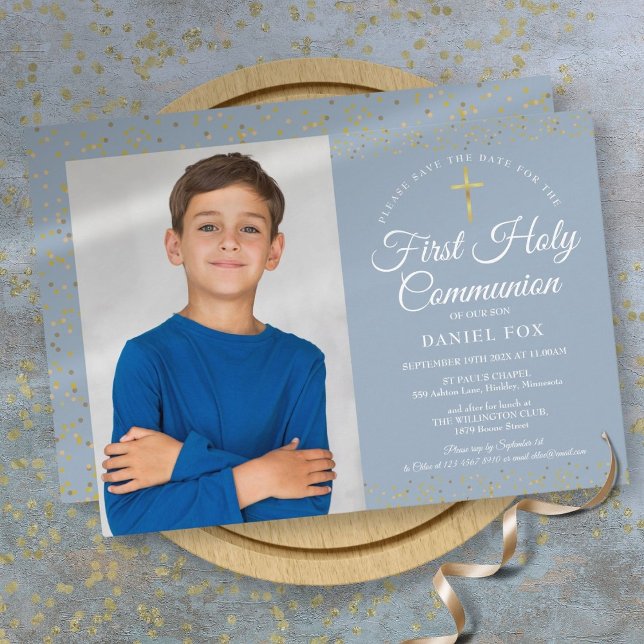 Reserve A Data Primeira Comunhão Poeira Azul Dourada Foto (First Holy Communion Dusty Blue Gold Dust Photo Save The Date)