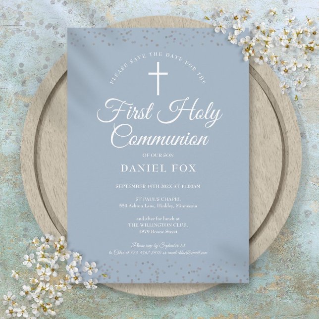Reserve A Data Primeira Comunhão Sagrada Poeira Azul Prateada (First Holy Communion Dusty Blue Silver Stardust Save The Date)