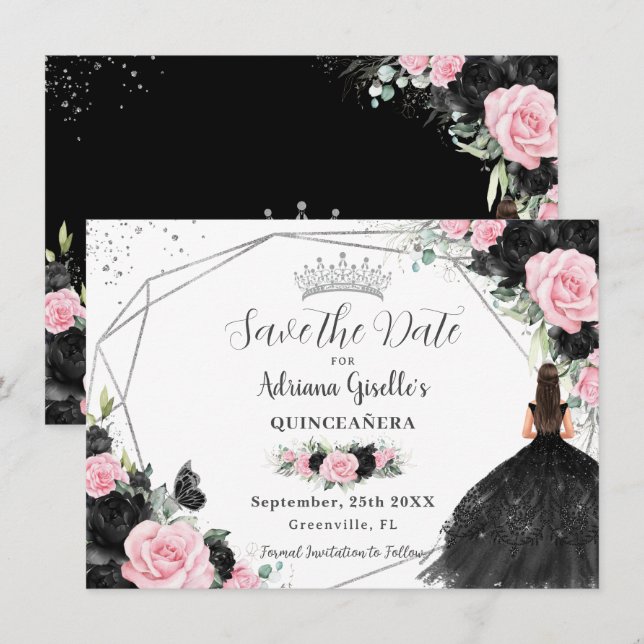 Reserve A Data Princesa Floral Rosa Negra Silver Quinceañera (Frente/Verso)