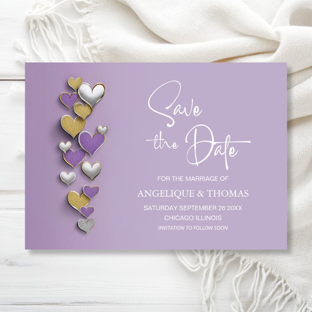 Reserve A Data Purple and Gold Hearts Wedding Save the Date (Criador carregado)