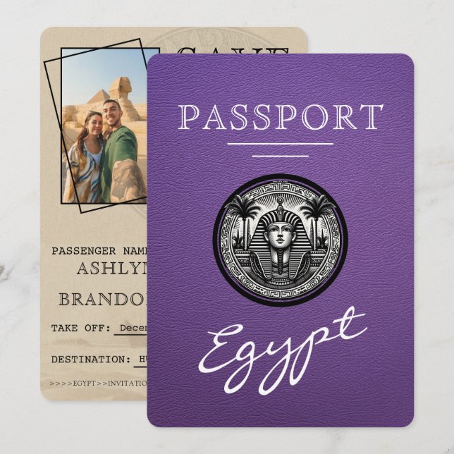 Reserve A Data Purple Egypt Passport Wedding Save the Date (Frente/Verso)