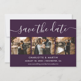 Reserve A Data Purple Elegant Modern Script Photo Collage Wedding