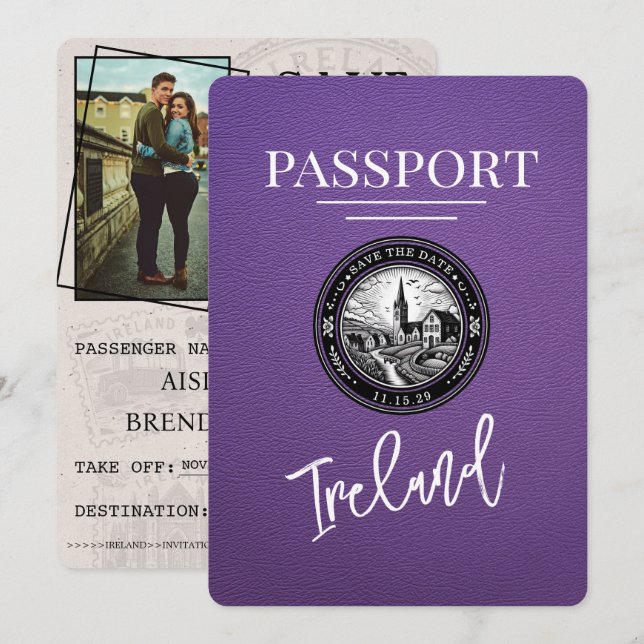 Reserve A Data Purple Ireland Passport Save Date (Salvar O Passap (Frente/Verso)