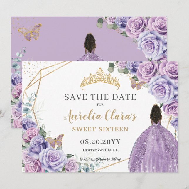 Reserve A Data Purple Lilac Floral Dourada Quinceanera Sweet Deze (Frente/Verso)