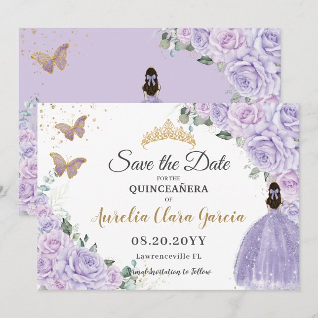 Reserve A Data Purple Lilac Floral Quinceañera 15 Princess  (Frente/Verso)