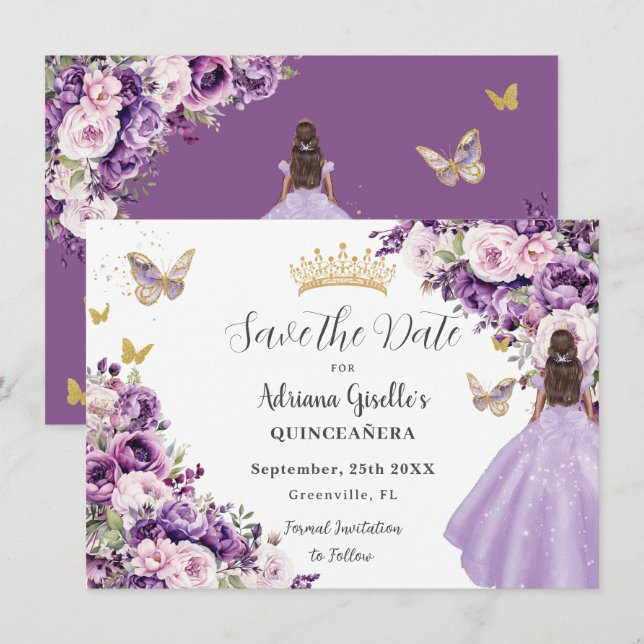 Reserve A Data Purple Lilac Floral Quinceanera Save The Date (Frente/Verso)