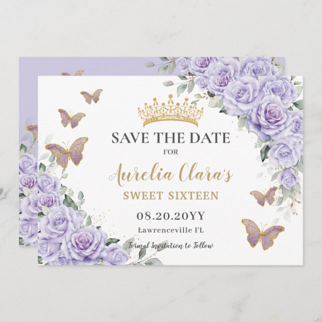 Reserve A Data Purple Lilac Floral Quinceañera Sweet Sesseis Save (Frente/Verso)
