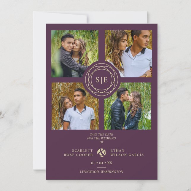 Reserve A Data Purple Minimal Initials Wedding Fancy 4 Photos (Frente)