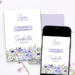 Reserve A Data Purple Peri Girly Floral Mis Quince<br><div class="desc">Quinceanera Salve o cartão Data (ou edite para se adequar a qualquer outra ocasião). Design floral de aquarelas com flores em tons de azul-lavanda-lilás roxo. Elegante e moderno, e giro, vibração. Por favor, navegue na minha coleção Purple Peri Floral para coordenar artigos de papelaria e decoração do dia do evento...</div>