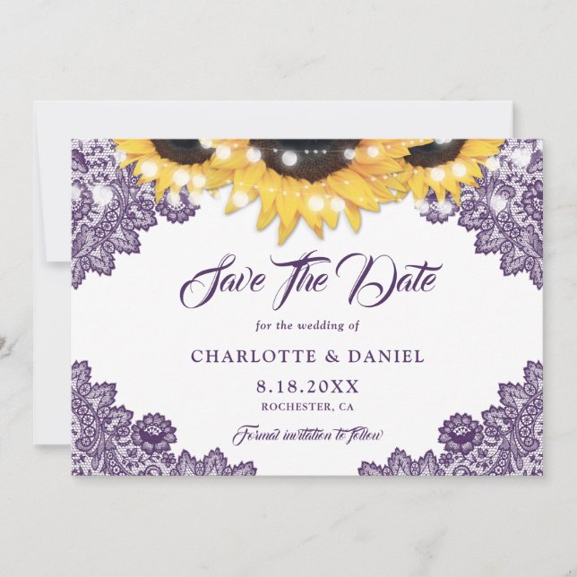 Reserve A Data Purple Sunflower Floral Lace String Lights Wedding (Frente)
