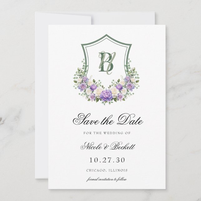 Reserve A Data Púrpura Branca - Pancos - Casamento de Crest (Frente)