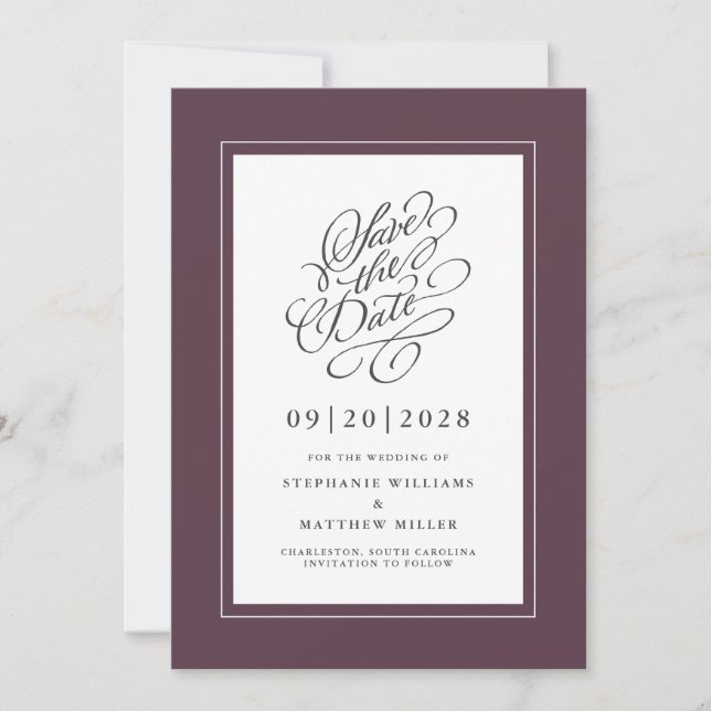 Reserve A Data Púrpura Chic Do Script De Caligrafia De Casamento  (Frente)