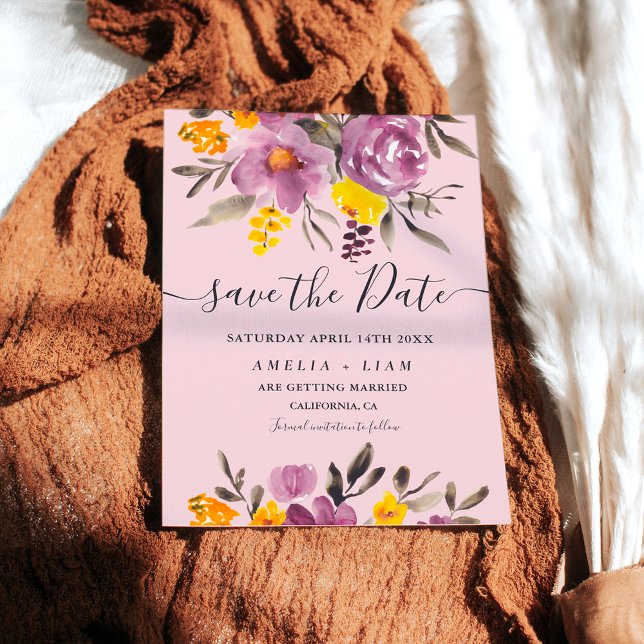 Reserve A Data Púrpura floral de inverno queda elegante (Elegant fall winter purple floral save the date on pink)