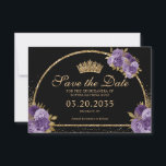 Reserve A Data Púrpura Negra Pasta Dourada Glitter Quinceanera Fl<br><div class="desc">Clássico Moderno Glam Preto Roxo Violeta Dourado Glitter Floral 15 de Aniversário Quinceanera</div>
