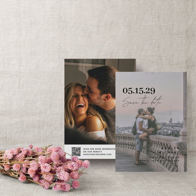 Reserve A Data QR Code Vellum Overlay Modern Script 2 Foto (Save the Date: Love is in the air!)