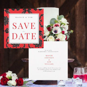 Reserve A Data Quadrado Vermelho e Preto Damask Casamento Salve a