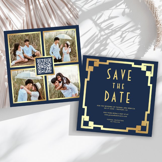 Reserve A Data Quadro Art Déco Azul Naval Dourado Código QR Casam (Criador carregado)