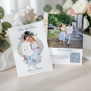 Reserve A Data Quadro de Foto Floral Azul Clássico Casamento