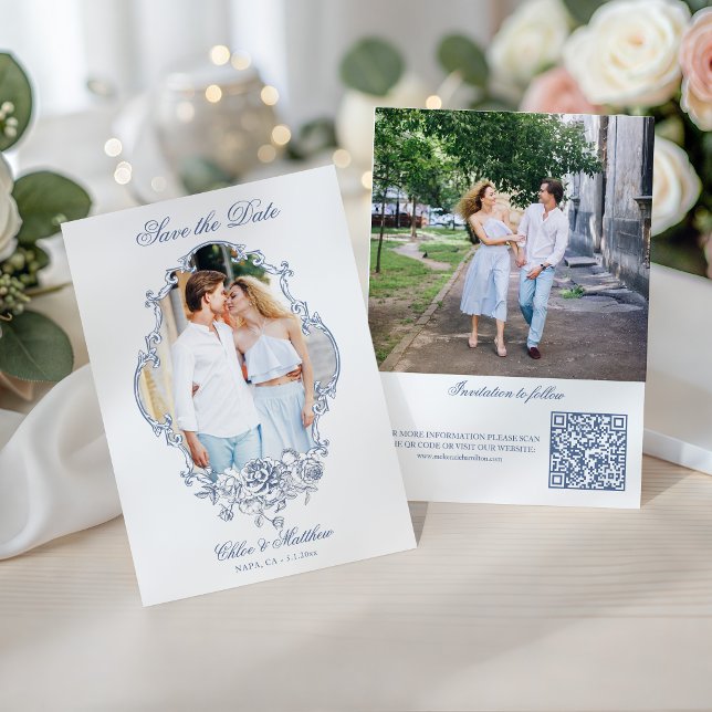 Reserve A Data Quadro de Foto Floral Azul Clássico Casamento (Criador carregado)