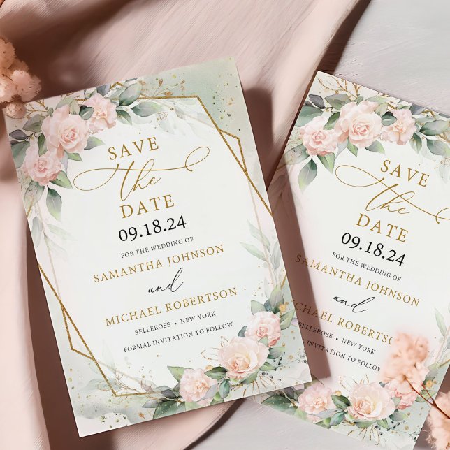 Reserve A Data Quadro Dourado de eucalipto Floral Rosa Boho Blush (Modern watercolor blush and gold green eucalyptus save the date card template)