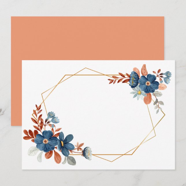 Reserve A Data Quadro Dourado Floral Azul Personalizado em Branco (Frente/Verso)