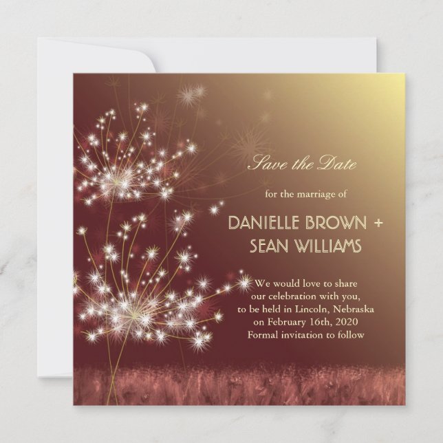 Reserve A Data Queda Dandelions Brown Casamento Salve a Data (Frente)