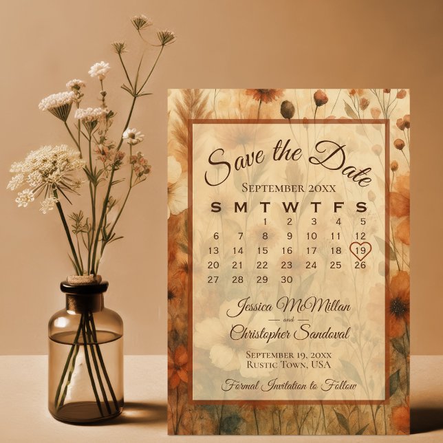 Reserve A Data Queimada Siena Boho Chic Flores Calendário Casamen (Criador carregado)