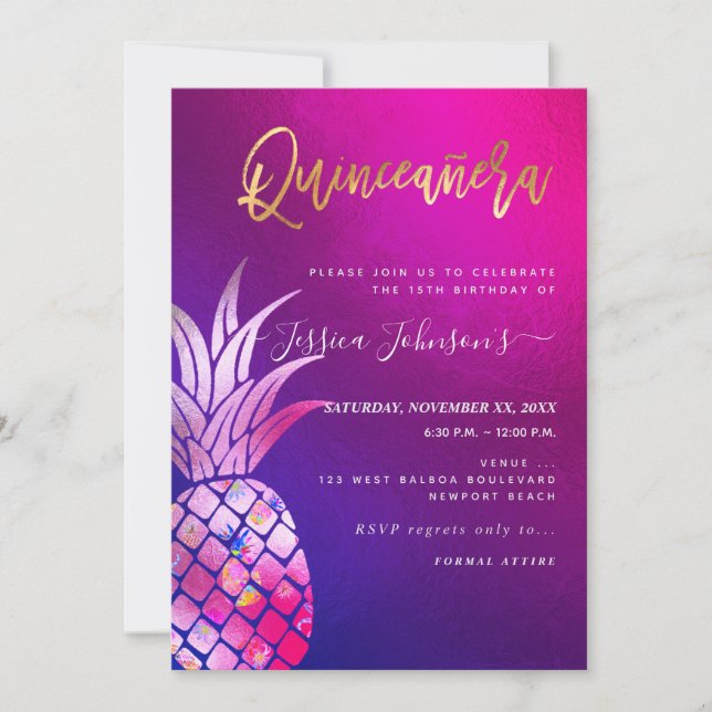 Reserve A Data Quinceanera, Abacaxi de Aquarela Dourada Faux (Frente)