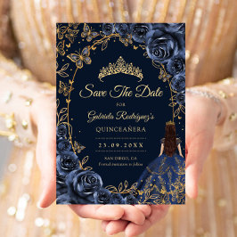 Reserve A Data Quinceanera Azul Marinho Borboletas Rosas Douradas