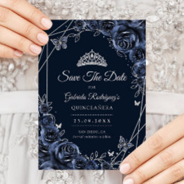Reserve A Data Quinceanera Azul Marinho Floral Prata