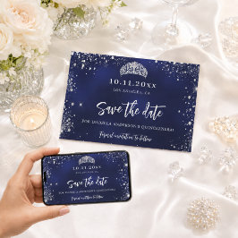 Reserve A Data Quinceanera azul marinho tiara prateada glamourosa