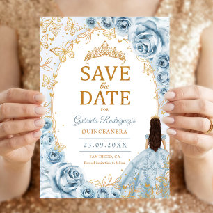 Reserve A Data Quinceanera Bebê Azul Dourado Floral