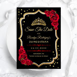 Reserve A Data Quinceanera - Black Red Gold<br><div class="desc">Gold black red Quinceanera celebration save the date. Features script font,  red roses,  tiara and confetti. Classy design with faux glitter gold. Perfect for an elegant glam celebration. Personalize with your own details. Printed Zazzle cards or instant download digital printable template.</div>