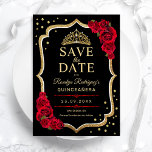 Reserve A Data Quinceanera Black Red Gold<br><div class="desc">Black red gold Quinceanera celebration save the date card. Features,  script font,  roses and tiara. Perfect for an elegant princess style glam celebration. Personalize with your own details. Printed Zazzle cards or instant download digital printable template.</div>