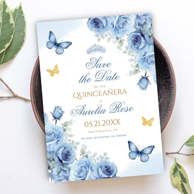 Reserve A Data Quinceañera Blue Borboleta Dourada Floral Tiara (Criador carregado)