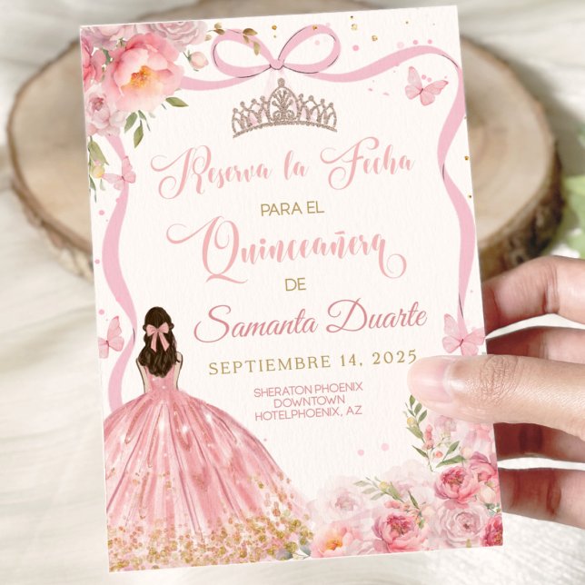 Reserve A Data Quinceañera Blush Rosa Dourado (Blush pink quinceañera Save the Date card with elegant gold accents for sweet 15 celebration.)