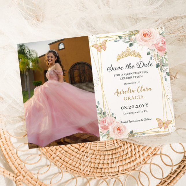 Reserve A Data Quinceañera Blush Rosa Rosa Rosa Floral Foto (Criador carregado)