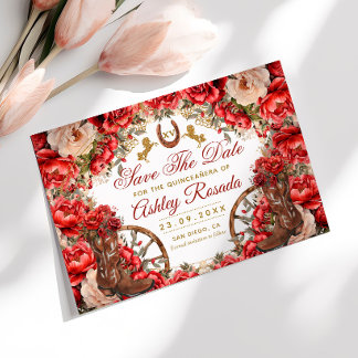 Reserve A Data Quinceanera Country Western Rosas Vermelhas Botas 