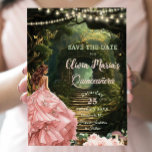 Reserve A Data Quinceañera Doce 16 Encantado Floresta Esmagada<br><div class="desc">Faça a palco de uma celebração mágica com esta Floresta Encantada Quinceañera Salve a Data. Apresentando uma bela garota em um vestido de bola rosa-esbranquiçado cercado por luzes de fadas brilhantes e verde encantado, este design sonhador é perfeito para um conto de fadas Quinceañera. Ideal para temas de floresta encantados,...</div>