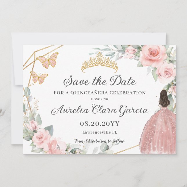 Reserve A Data Quinceañera Dourada Floral Rosa Esbranquiçada Quin (Frente)