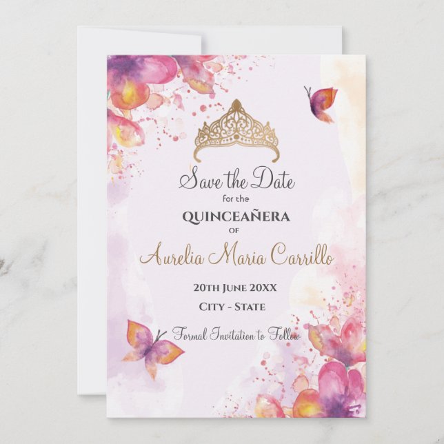 Reserve A Data Quinceañera em aquarela com borboletas (Frente)