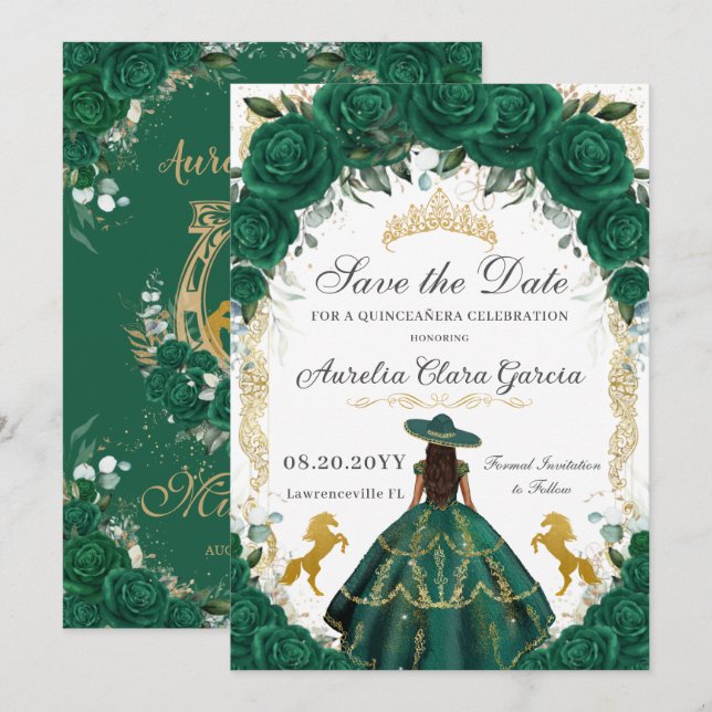 Reserve A Data Quinceañera Emerald Green - Cavalos de Charro Flor (Frente/Verso)