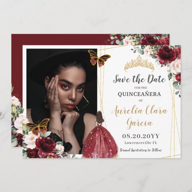 Reserve A Data Quinceañera Flor Rosa Escamudo Vermelho Cinzento R (Frente/Verso)