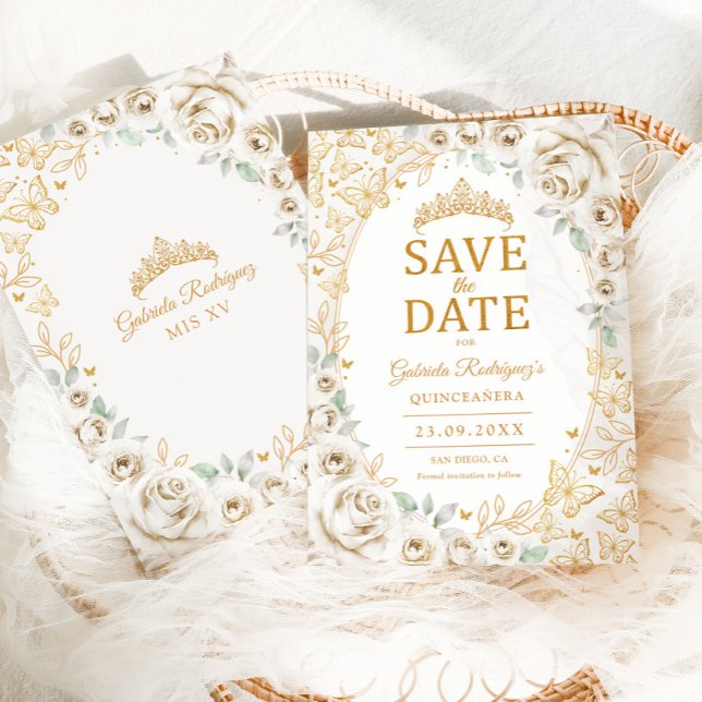 Reserve A Data Quinceanera Floral Dourada Creme (Criador carregado)