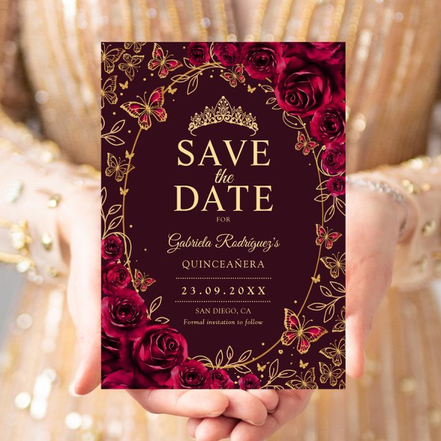 Reserve A Data Quinceanera Floral Dourado Borgonha (Criador carregado)