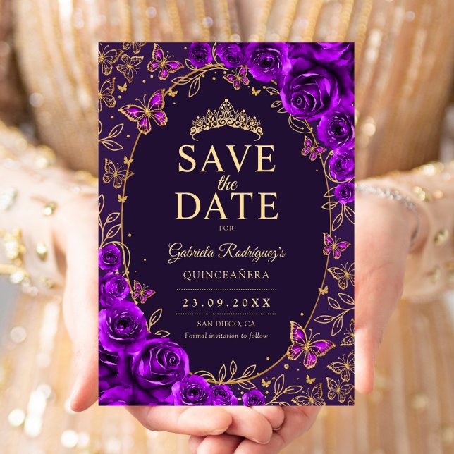 Reserve A Data Quinceanera Floral Dourado Roxo (Criador carregado)